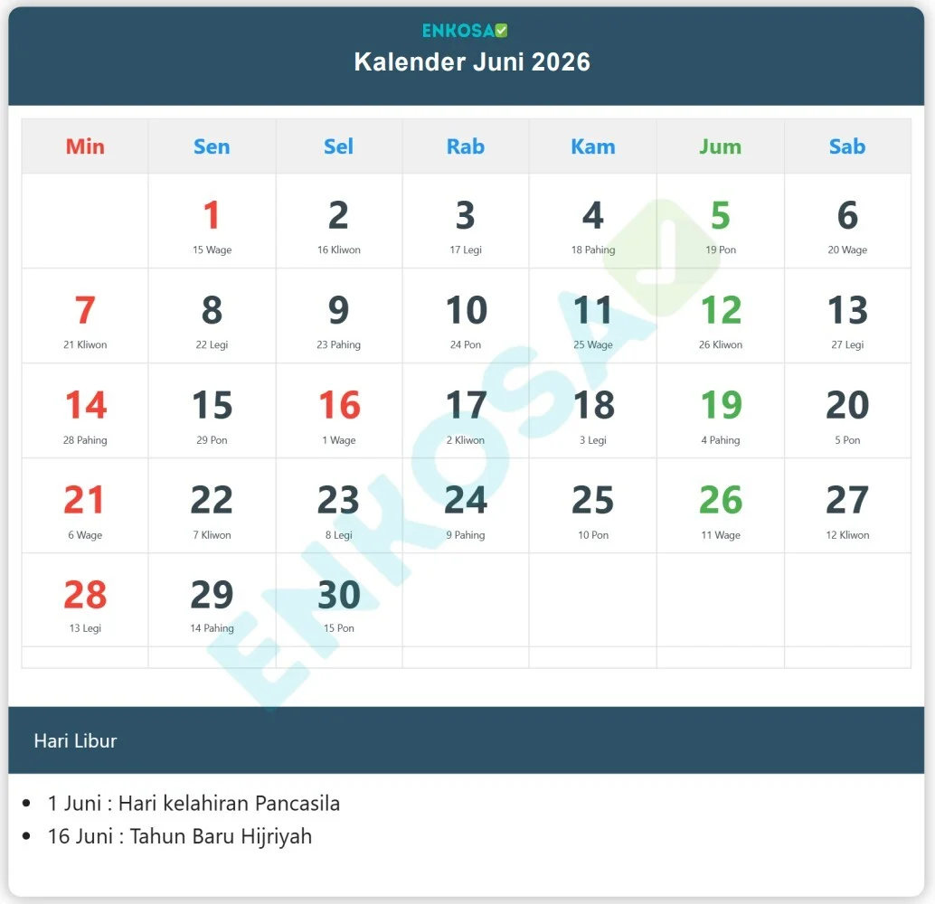 1 Juni Tanggal Merah 2026: Libur Apa dan Daftar Tanggal Merah Juni 2026