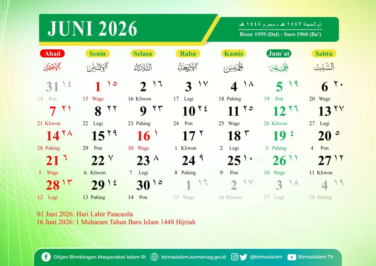 5 Tanggal Merah Juni 2026: Hari Lahir Pancasila dan Tahun Baru Islam 1448 Hijriah