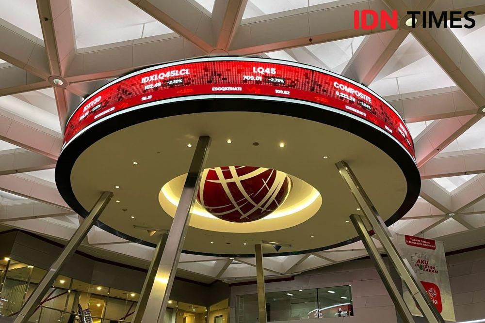 Grafik IHSG menurun dengan kapitalisasi pasar BEI susut Rp11.431 triliun sepekan.