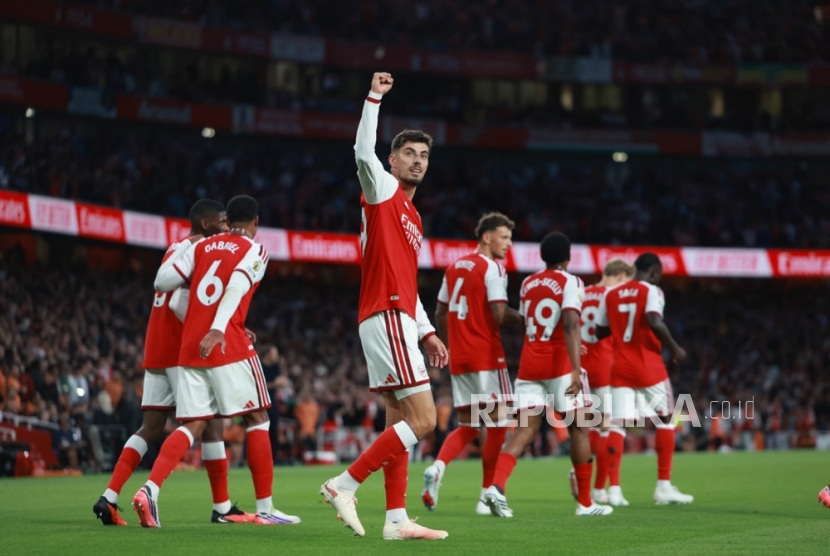 Pemain Arsenal merayakan gol ke gawang Coventry di Stadion Emirates pada laga pembuka Liga Primer 2026/27.